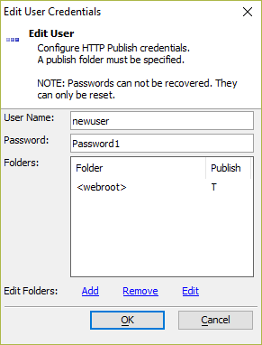 A completed user profile that allows publishing to the webroot.